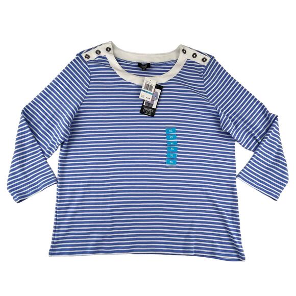 Jones New York Tops - FLEUR | NWT XL Blue White Striped 3/4 Sleeve Button Crew Neck Shirt Top